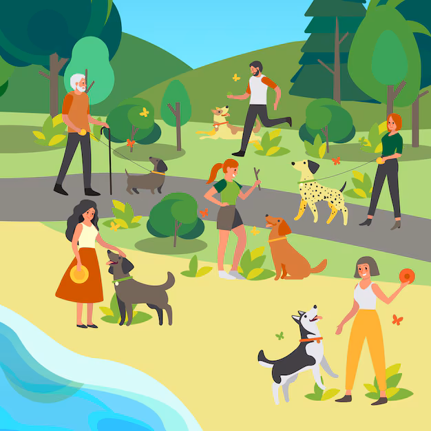 collection of people with their dogs